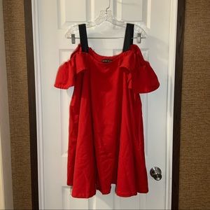 Umi Eason Red Cold Shoulder Short Ruffle Sleeve Dress L